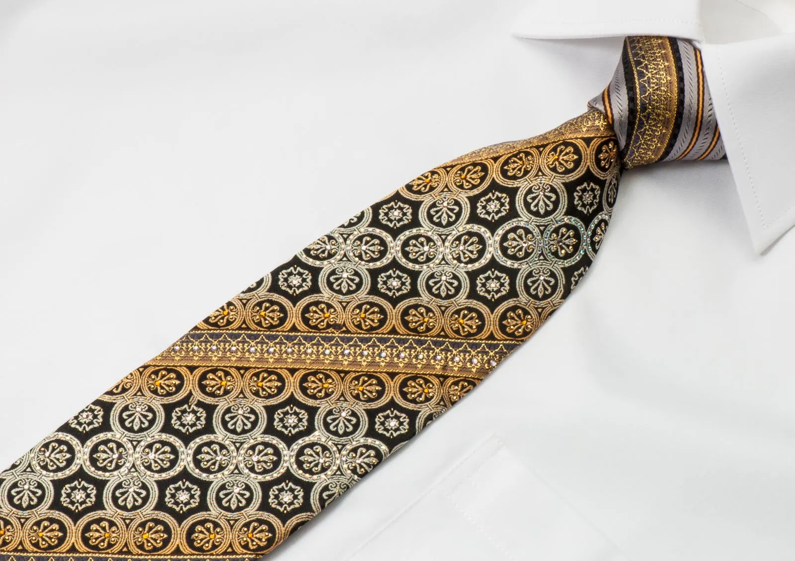 Mila Schon Men's Rhinestone Silk Necktie Silver Gold Stripes With Fleur De Lis Motif & Gold Sparkles