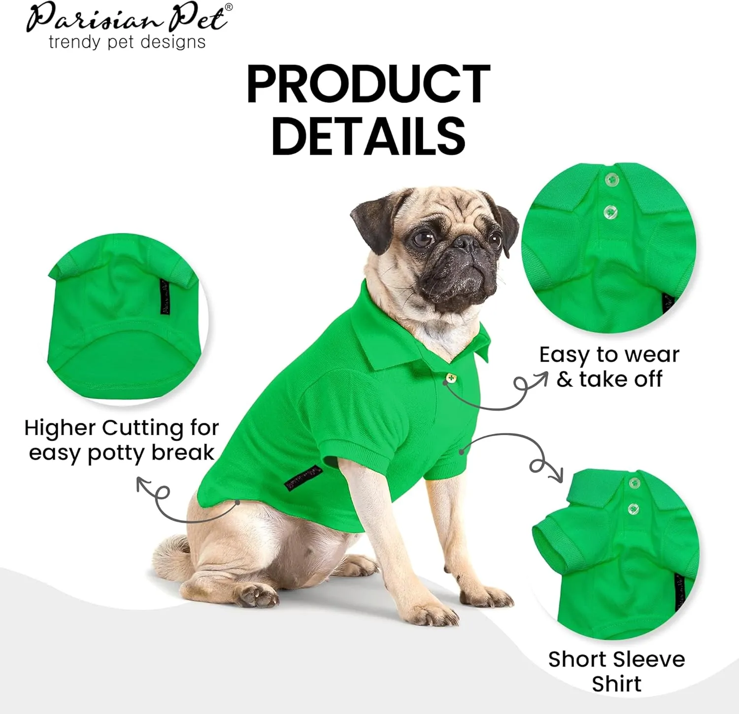 Parisian Pet Dog Polo Shirts - Breathable Cotton Shirt - Solid Green, Summer Pullover - Button Up Collar, 2XL