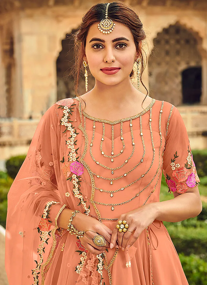 Pastel Orange Floral Embroidered Indian Anarkali Suit