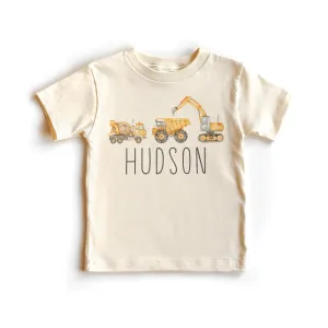 Personalized Name Construction Truck Toddler Shirt - Custom Name Excavator Construction Tshirts - Natural Toddler Youth Boys Graphic Tee