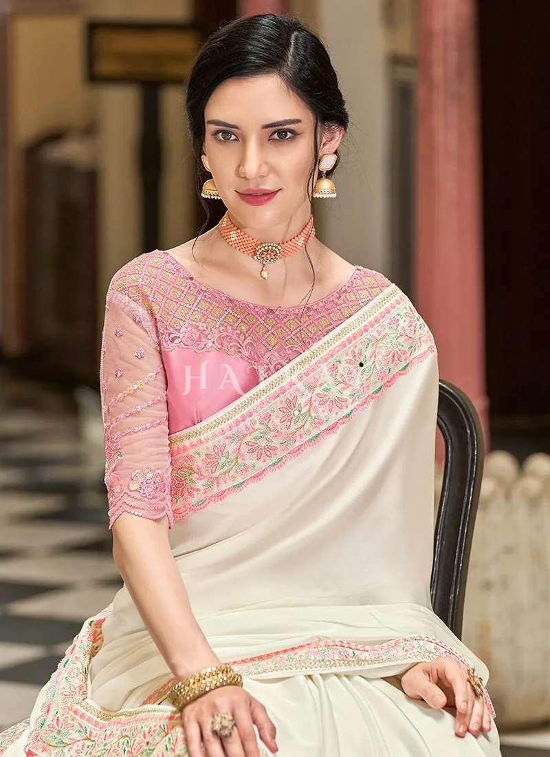 Pink And White Sequence Embroidery Designer Silk Saree
