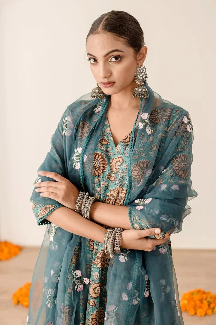 Pure Cotton Green Floral Printed Anarkali Suit Set