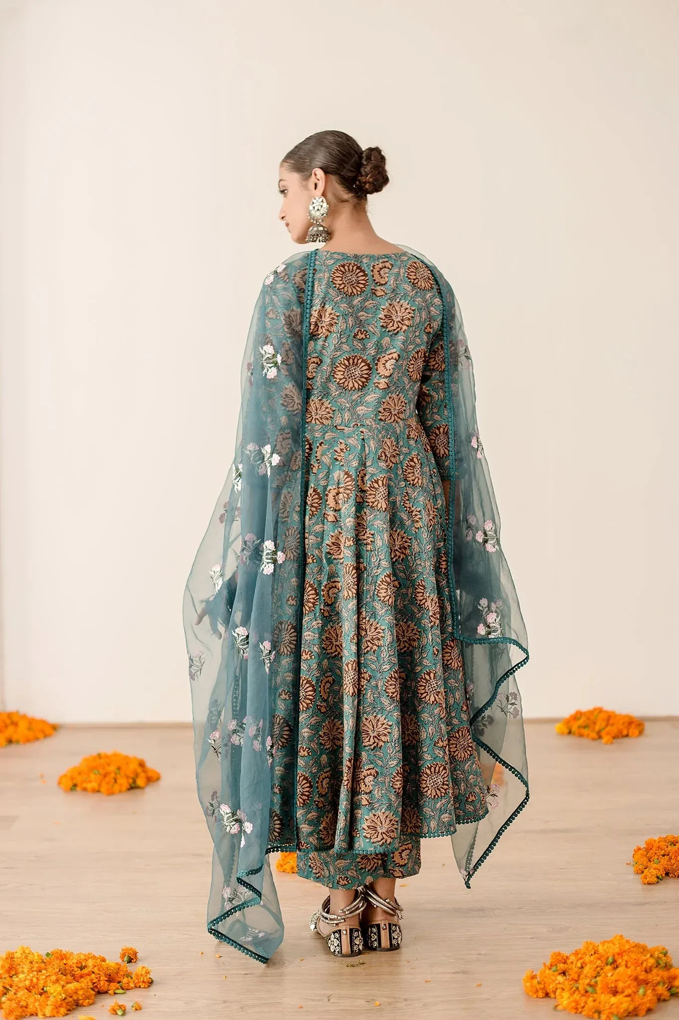 Pure Cotton Green Floral Printed Anarkali Suit Set