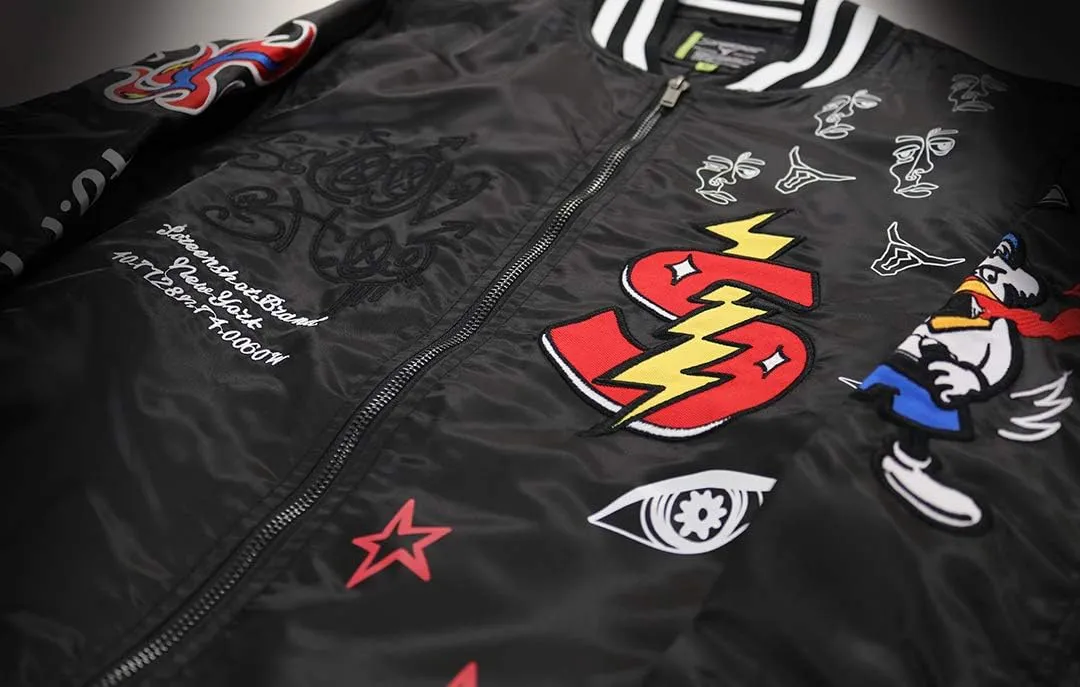 SCREENSHOT Hip-Hop Urban NYC Fashion Bomber Jacket - Modern Outdoor Lightweight Streetwear Graffiti Print Zip Up Top