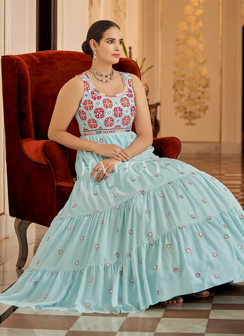 Teal Blue Floral Embroidered Wedding Gown