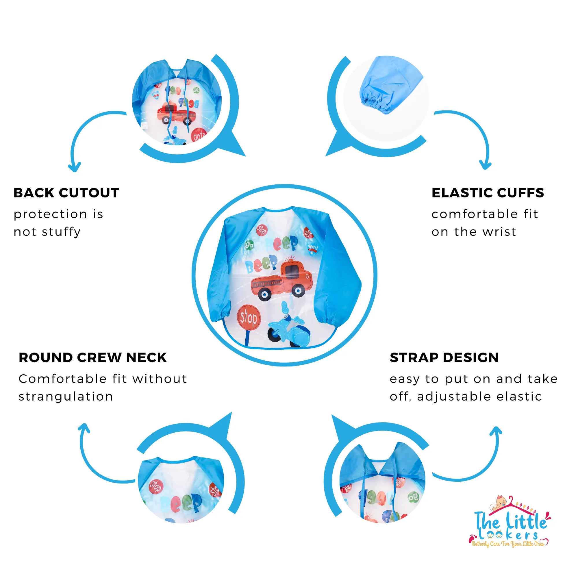 THE LITTLE LOOKERS Sleeved Washable Waterproof Bib/Apron with Pocket & Tying Robe| Cute Prints| Quick Dry PVC Bibs for Newborns/Infants/Toddlers