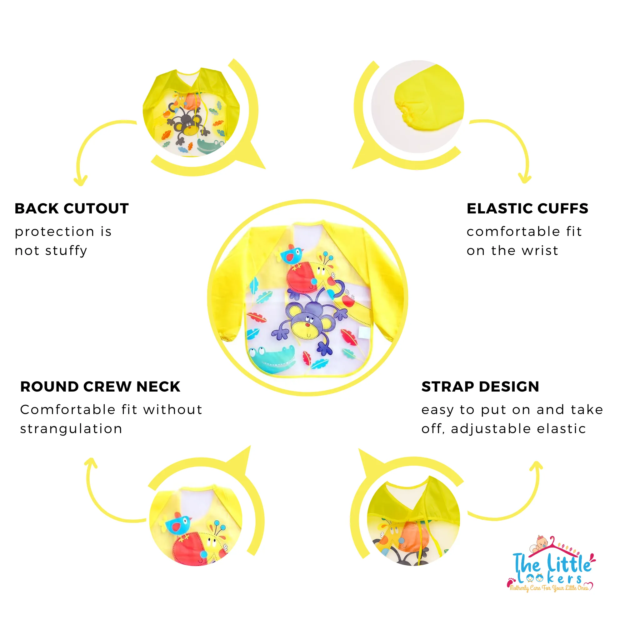 THE LITTLE LOOKERS Sleeved Washable Waterproof Bib/Apron with Pocket & Tying Robe| Cute Prints| Quick Dry PVC Bibs for Newborns/Infants/Toddlers