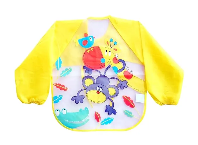 THE LITTLE LOOKERS Sleeved Washable Waterproof Bib/Apron with Pocket & Tying Robe| Cute Prints| Quick Dry PVC Bibs for Newborns/Infants/Toddlers