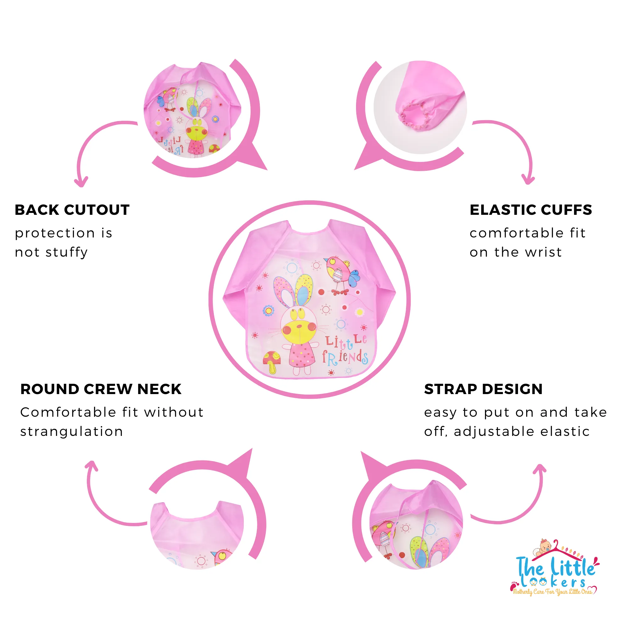 THE LITTLE LOOKERS Sleeved Washable Waterproof Bib/Apron with Pocket & Tying Robe| Cute Prints| Quick Dry PVC Bibs for Newborns/Infants/Toddlers