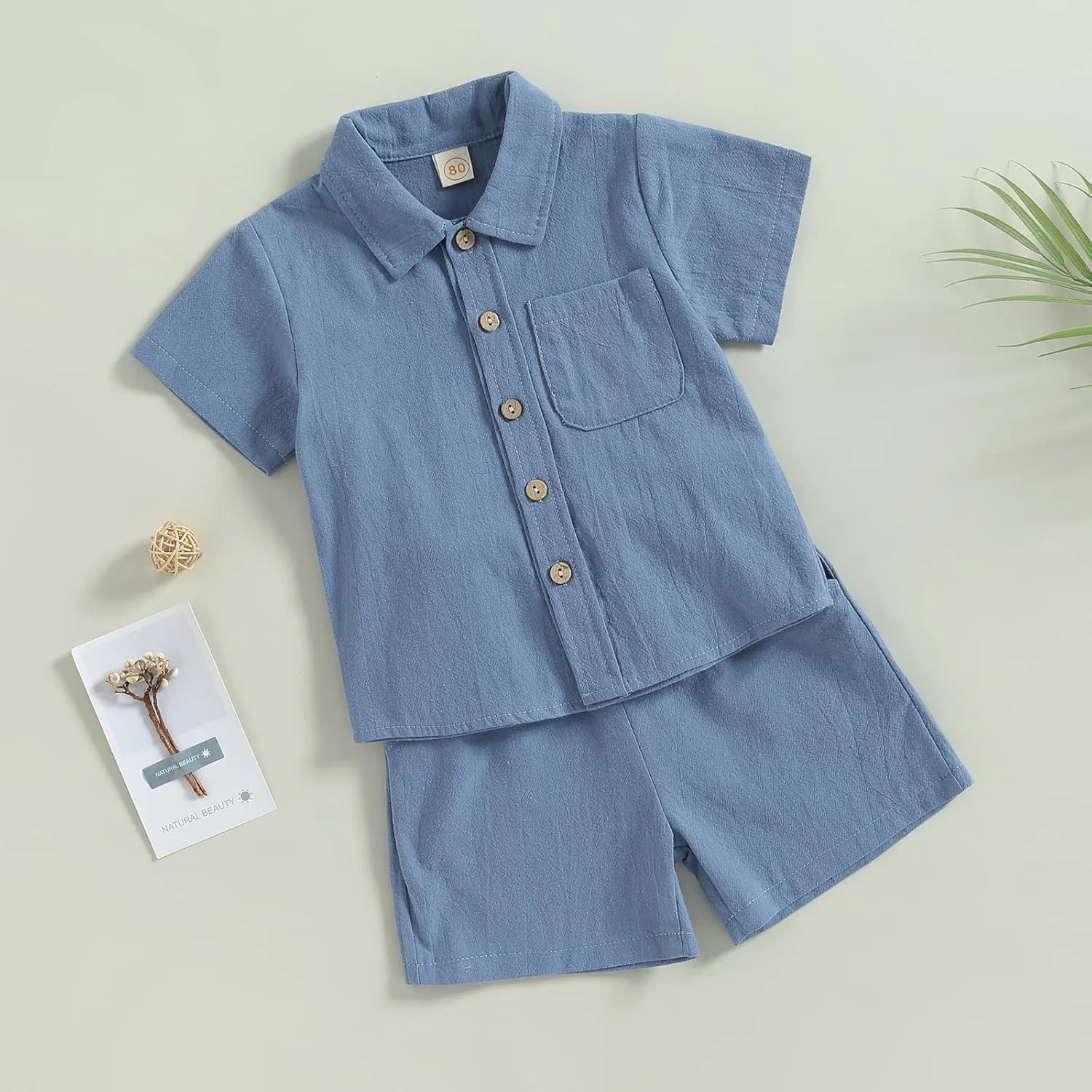 Toddler Baby Boy Linen Outfits Solid Color Short Sleeve Lapel Button Down Shirt and Shorts Summer Clothes Set