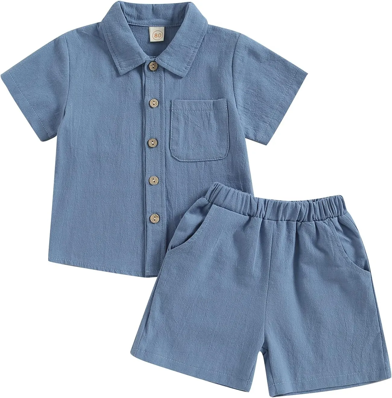 Toddler Baby Boy Linen Outfits Solid Color Short Sleeve Lapel Button Down Shirt and Shorts Summer Clothes Set