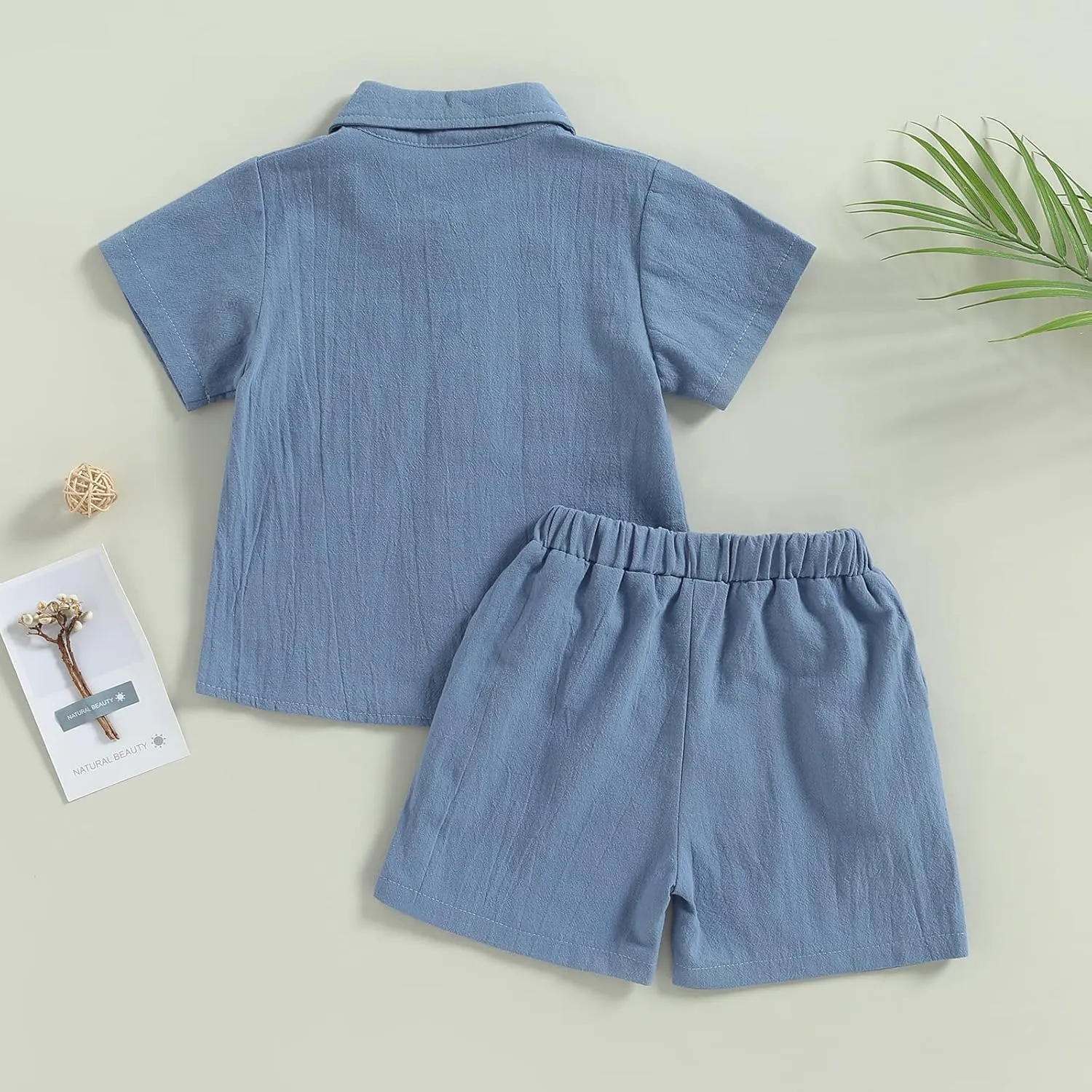 Toddler Baby Boy Linen Outfits Solid Color Short Sleeve Lapel Button Down Shirt and Shorts Summer Clothes Set