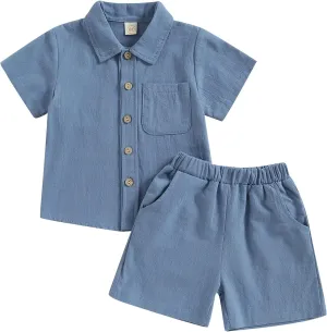 Toddler Baby Boy Linen Outfits Solid Color Short Sleeve Lapel Button Down Shirt and Shorts Summer Clothes Set