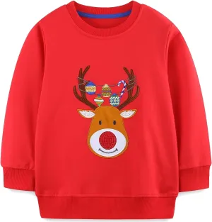 Toddler Boys Girls Christmas Sweatshirts Reindeer Crewneck Fleece Pullover Top Xmas Long Sleeve Winter Clothes 2-7T