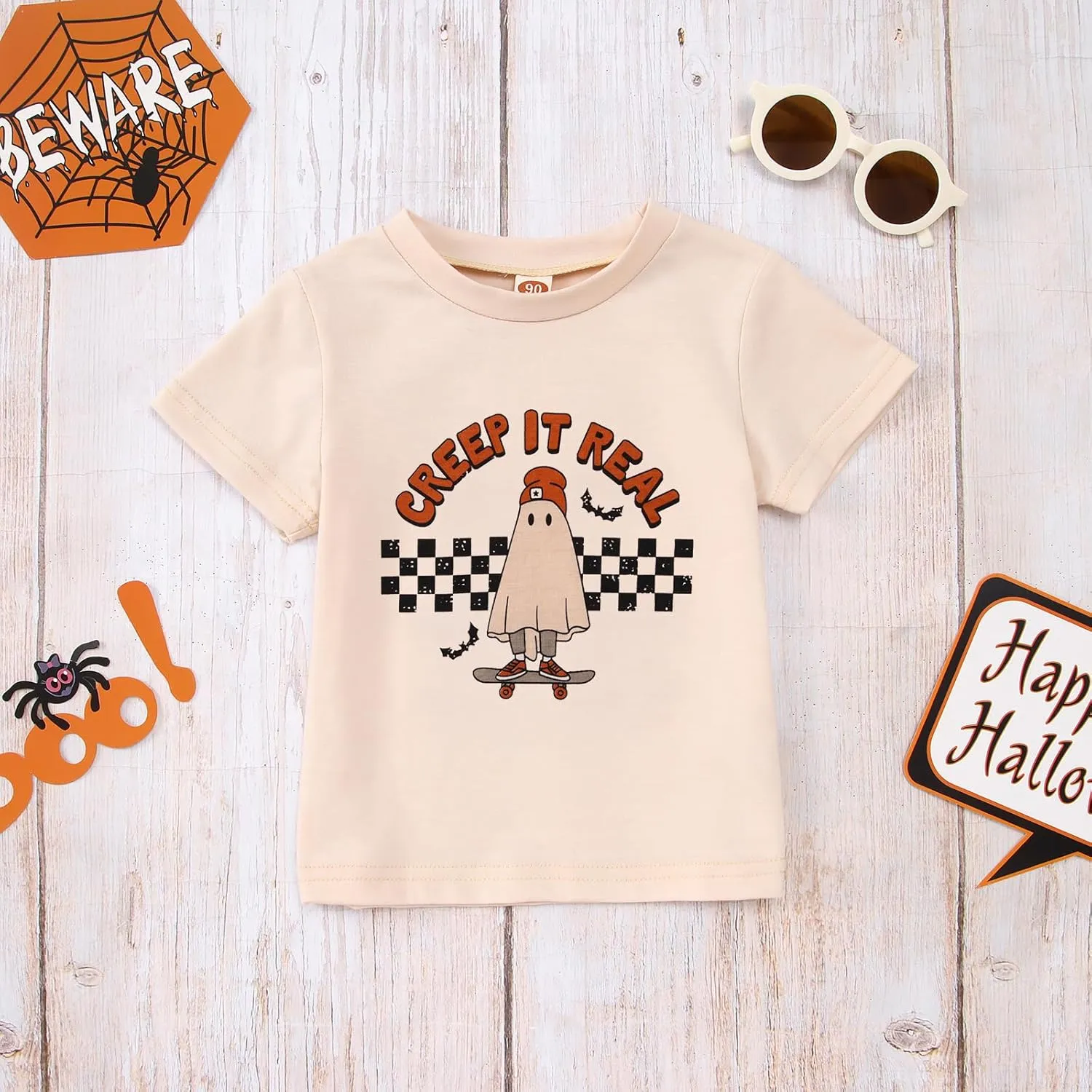 Toddler Halloween Shirt Baby Boys Girls Ghost Tshirt Creep It Real Short Sleeve Tee Tops Spooky Season Fall Clothes