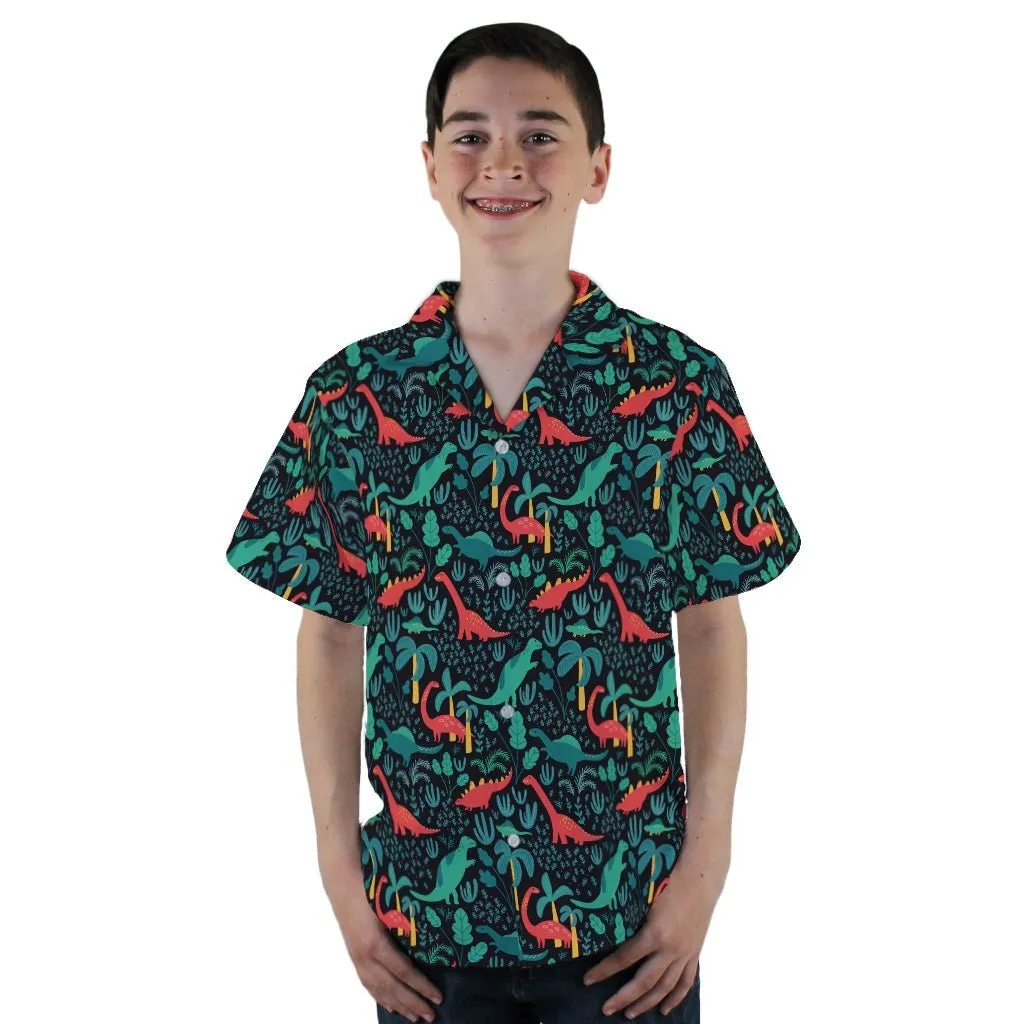 Tropical Dinosaur Green Aloha Youth Hawaiian Shirt