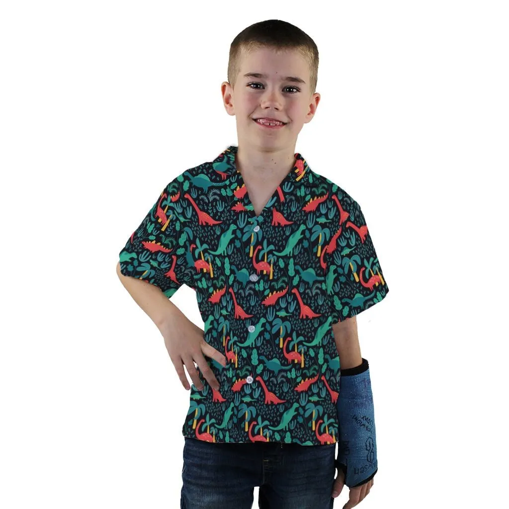 Tropical Dinosaur Green Aloha Youth Hawaiian Shirt