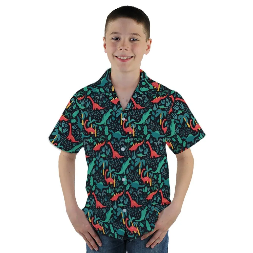 Tropical Dinosaur Green Aloha Youth Hawaiian Shirt