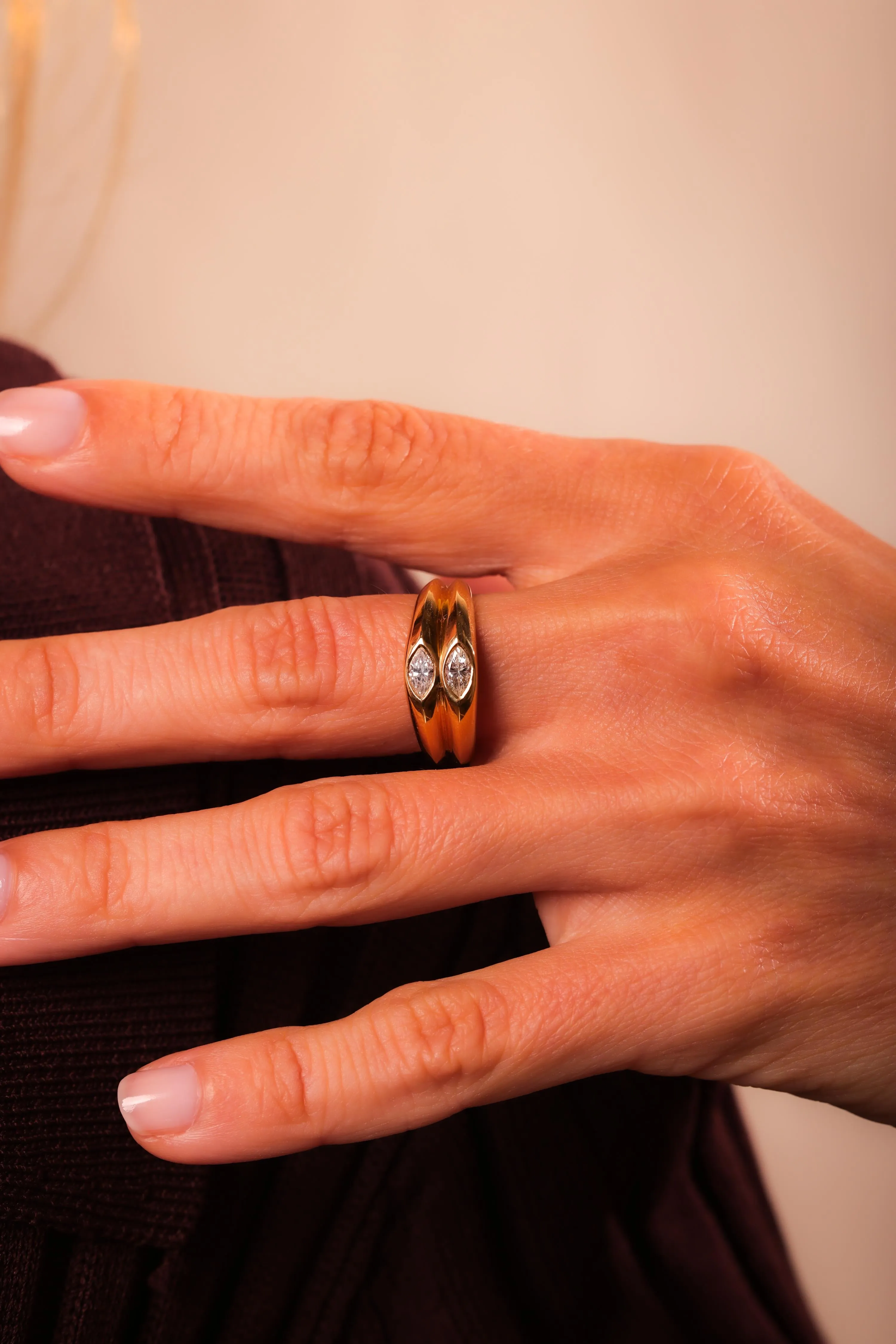 Vintage Diamond 18K Yellow Gold Dual Layer Ring