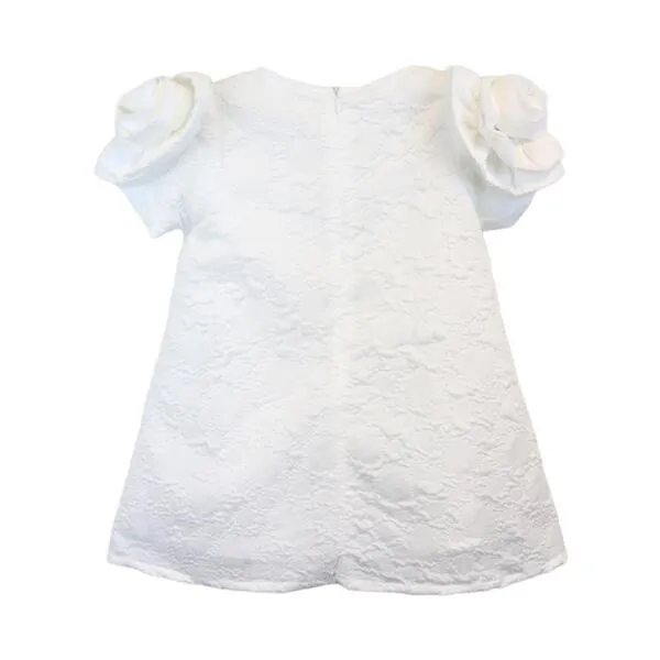 White 3D Cuff Floral Brocade Dress w/ Jewels