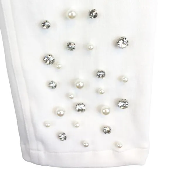 White Embellished Stretch Twill Pants