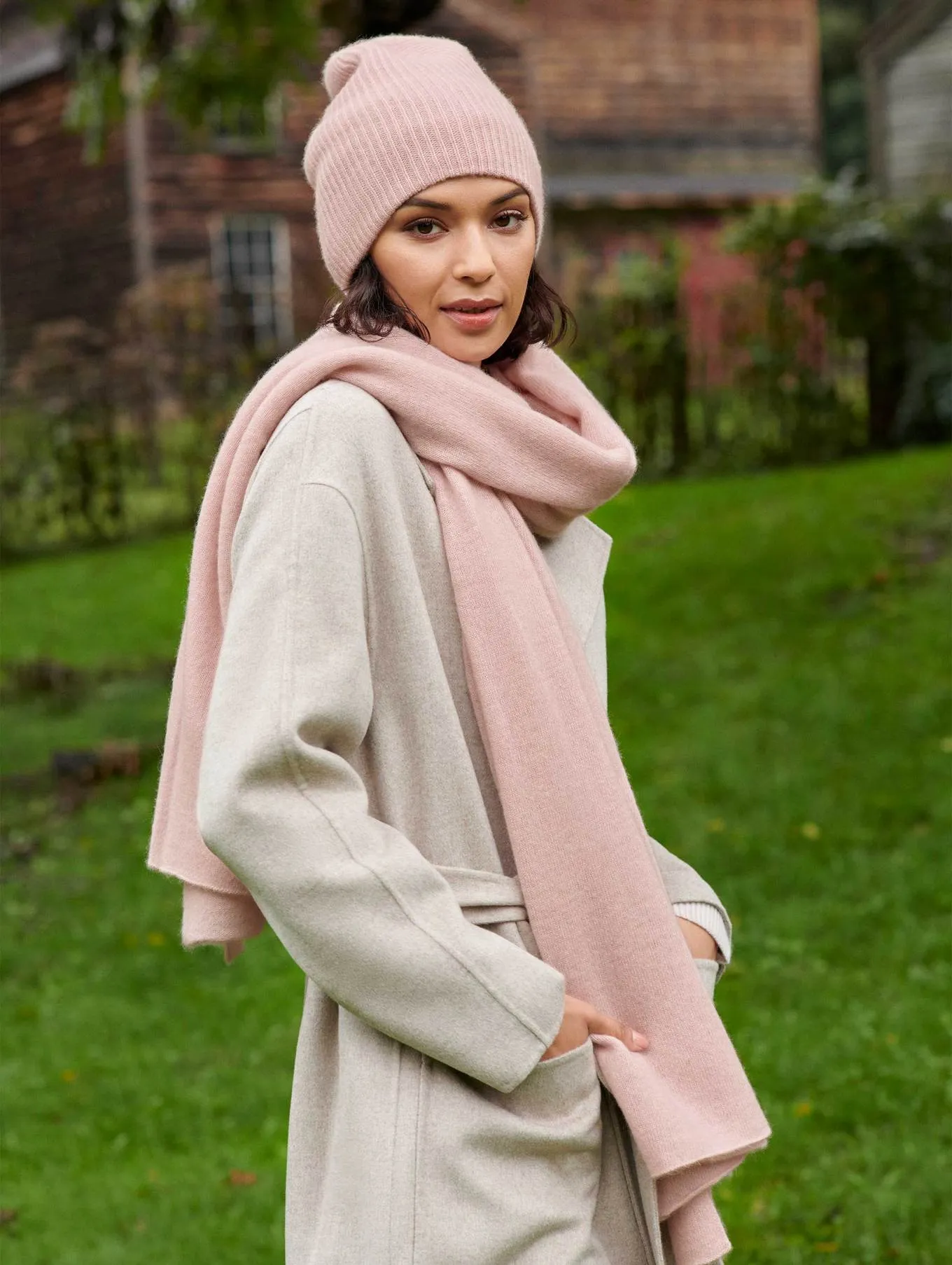 White   Warren - Cashmere Plush Rib Beanie in Blush Heather