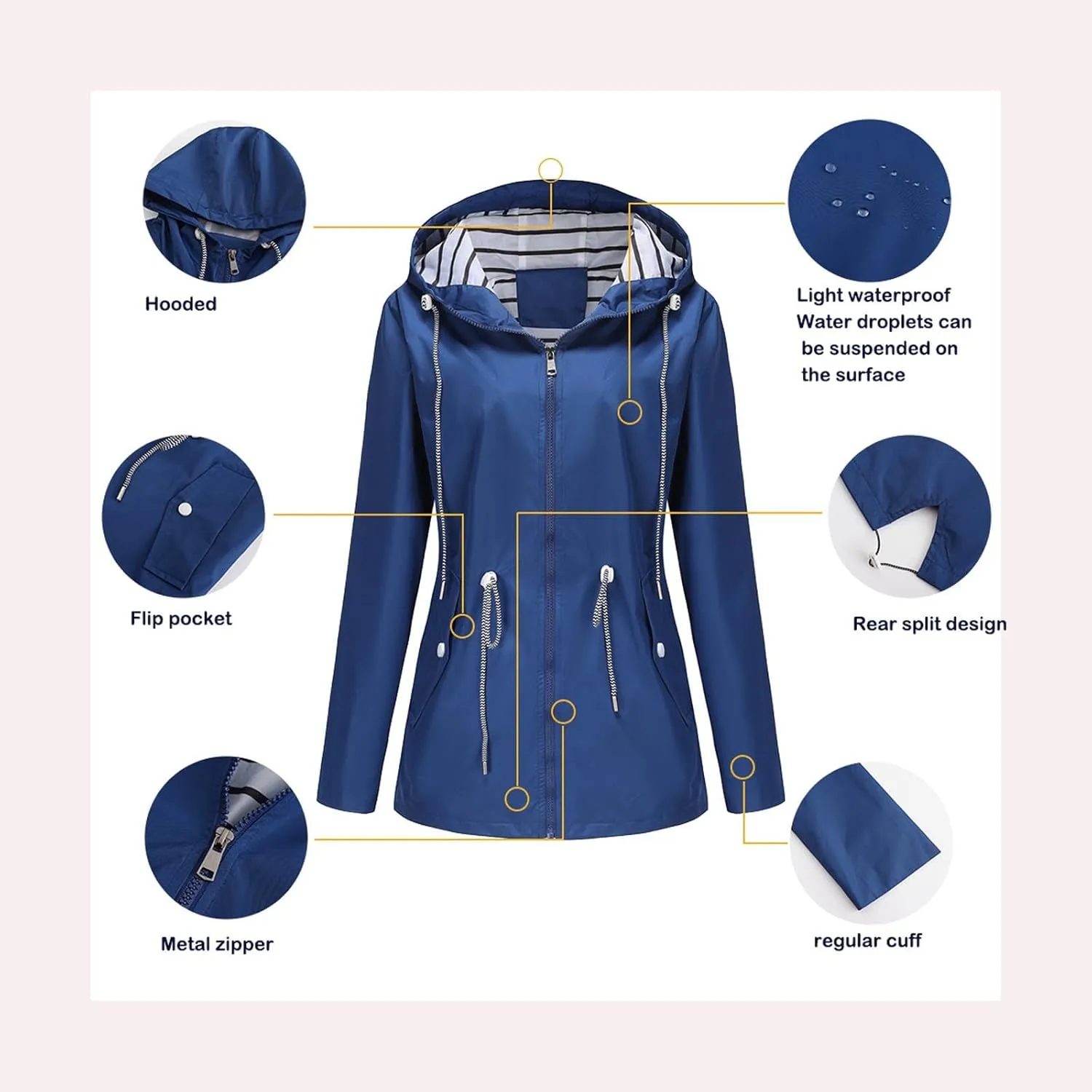 Women's Lightweight Hooded Waterproof Jacket Long Sleeve Oversized Outdoor Windbreaker Mid-Length Hooded Rain Coat