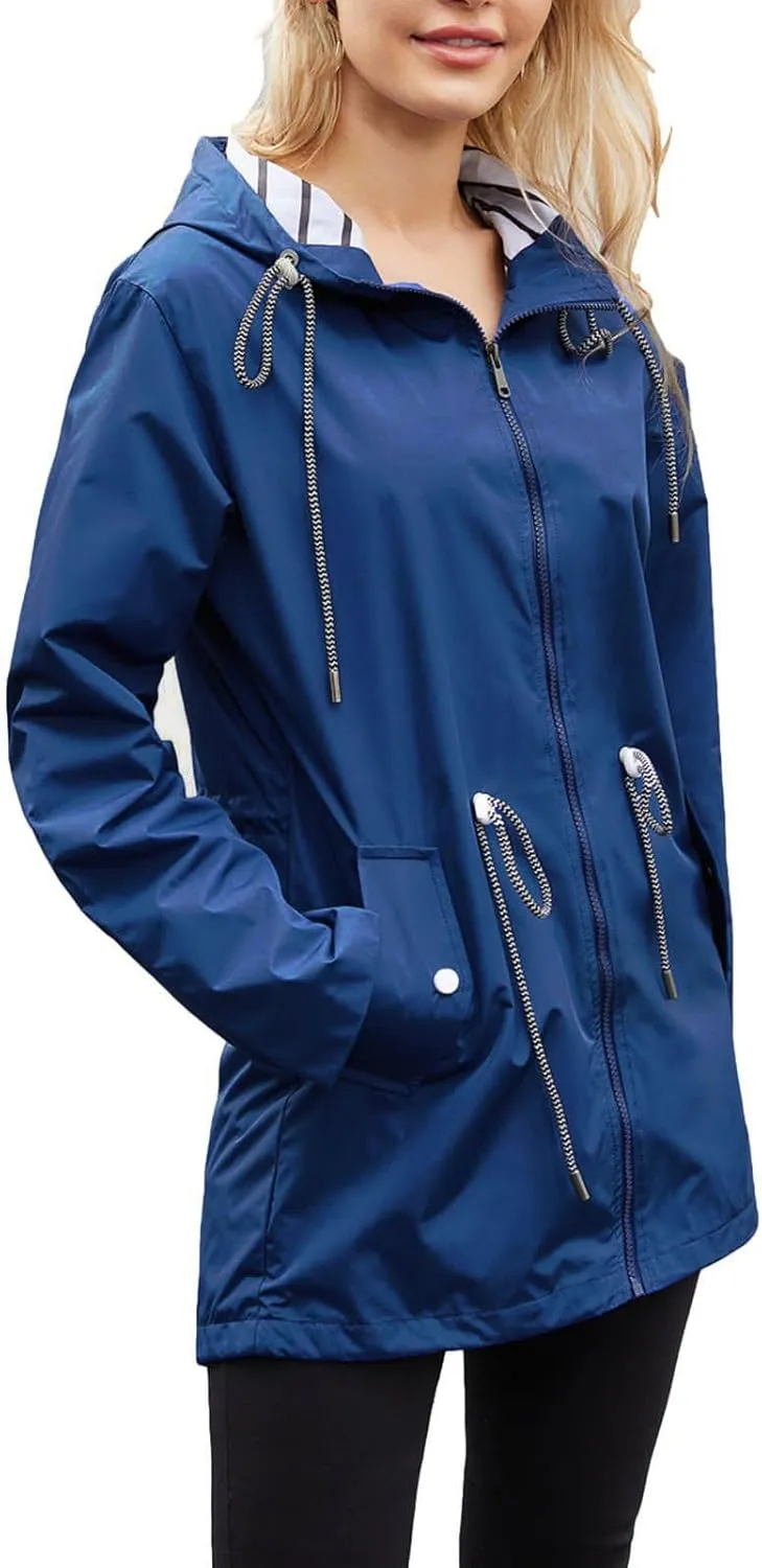 Women's Lightweight Hooded Waterproof Jacket Long Sleeve Oversized Outdoor Windbreaker Mid-Length Hooded Rain Coat
