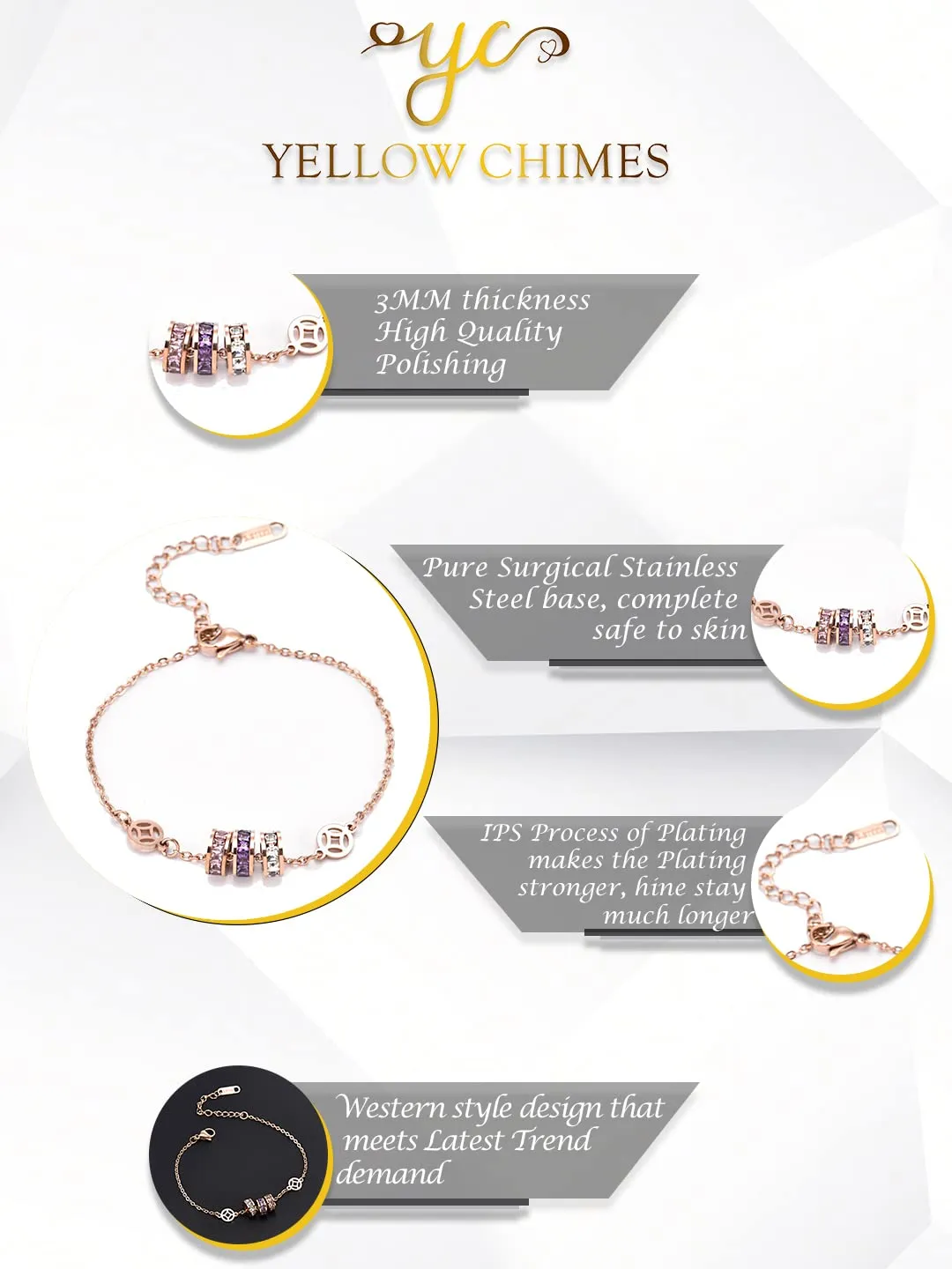 Yellow Chimes Bracelet for Women and Girls Rose Gold Bracelets for Women and Girls | Western Style Stainless Steel Crystal Chain Bracelet | Birthday Gift For girls and women Anniversary Gift for Wife