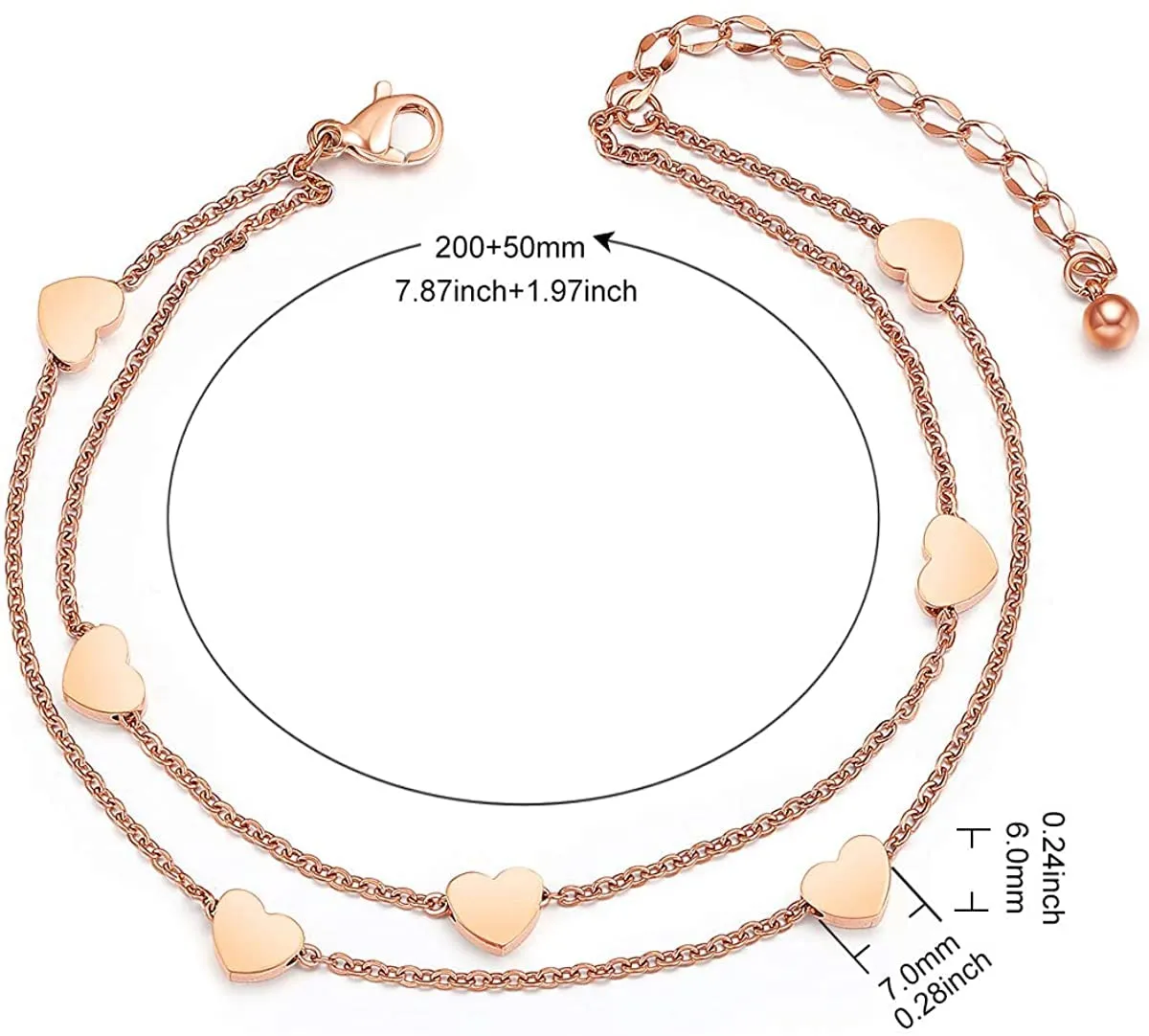 Yellow Chimes Latest Fashion Elegant Stainless Steel Rose Gold Plated Dual Layered Heart Charm Bracelet Cum Anklet for Women and Girls, Medium (YCFJBR-326DHRT-RG)
