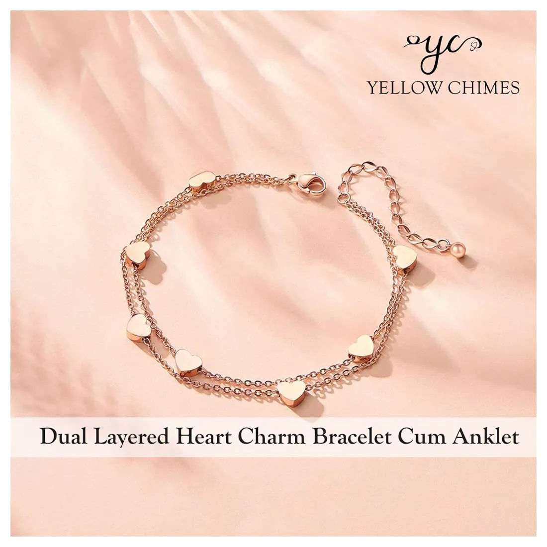 Yellow Chimes Latest Fashion Elegant Stainless Steel Rose Gold Plated Dual Layered Heart Charm Bracelet Cum Anklet for Women and Girls, Medium (YCFJBR-326DHRT-RG)